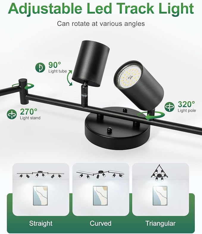 6 Ways Track Lighting, Rotatable Heads Tracks Light, Track Lightings Fixtures Ceiling with Foldable Arms, Modern Black Tracks Light for Kitchen, Living Room, Hallway(Bulbs Not Included)
