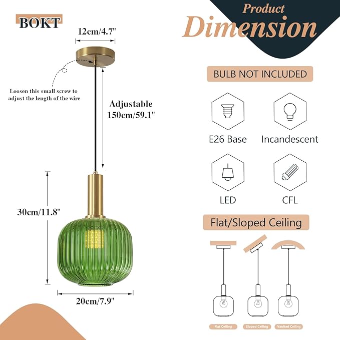 BOKT Mid Century Green Glass Pendant Lights 2-Light Mini Globe Ceiling Pendant Light Ribbed Glass Pendant Light Gold Finish Hanging Light Fixture for Kitchen Island Foyer