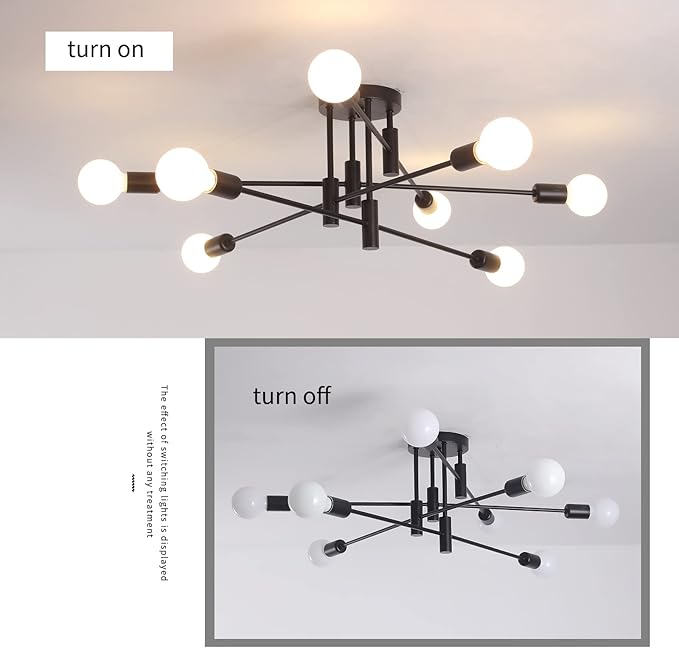 Garwarm Black Ceiling Light Fixture, 8-Lights Semi Flush Mount Ceiling Light, Sputnik Chandelier Industrial Ceiling Lamp for Kitchen Dining Room Bedroom Foyer Entryway Hallway Lighting Fixture