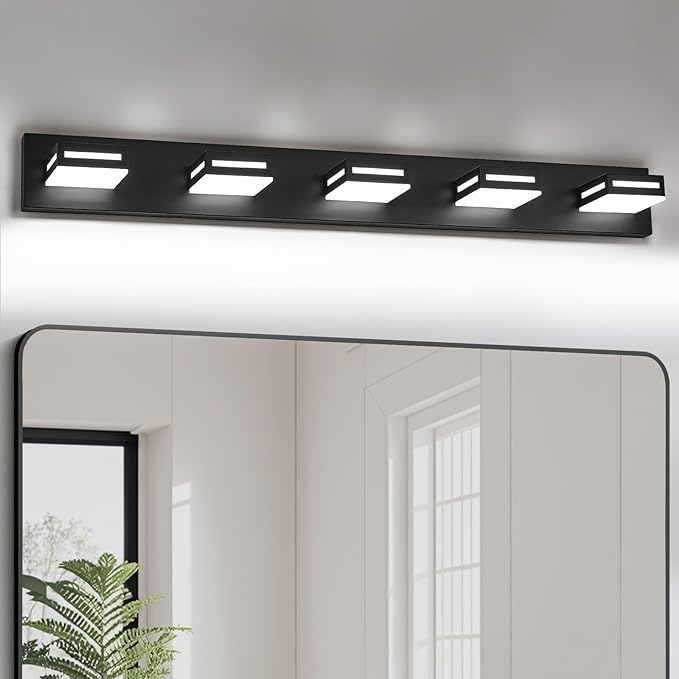 LED Modern Bathroom Light Fixtures, 5-Light 40-Inch Matte Black Vanity Lights for Bathroom Lighting Fixtures Over Mirror, 6000K Cool White 350° Rotatable Wall Lamp