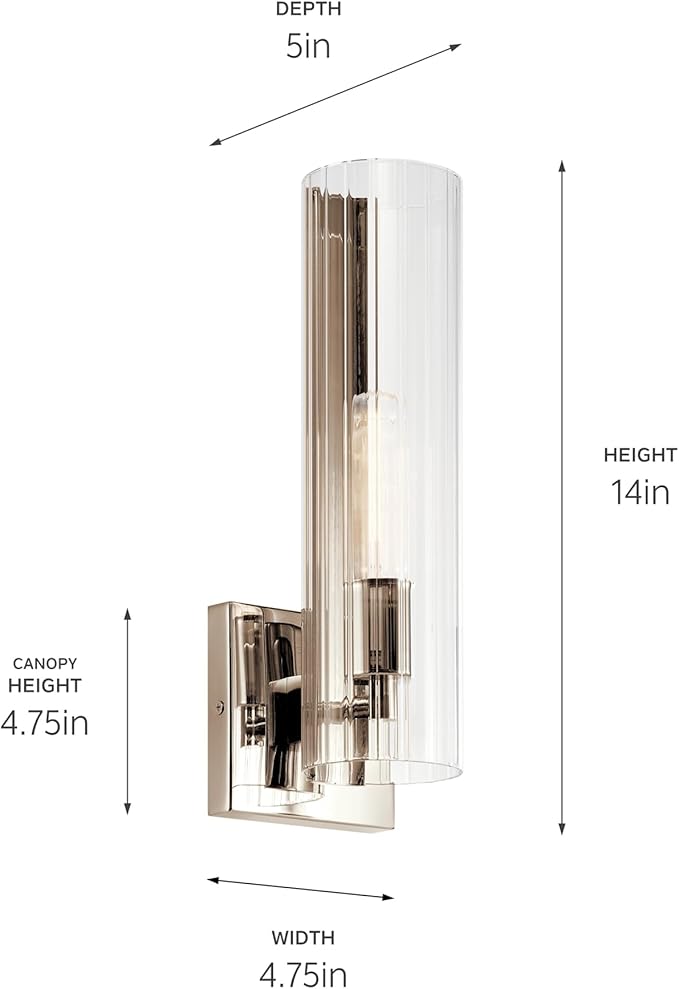 Kichler Jemsa 1 Light Wall Sconce, Modern Light with Clear Fluted Glass in Polished Nickel for Bathroom, Powder Room, Sides of Fireplace, Down a Hallway, Kitchen, or Bedroom (14" x 4.75"), 55165PN