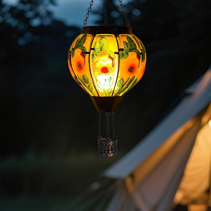 STARSOUL Hummingbird Solar Hot Air Balloon Lantern with Flickering Flame, Hanging Solar Lantern Outdoor Waterproof, Hot Air Balloon Solar Light Decorations for Garden Yard Lawn Porch Porch Backyard