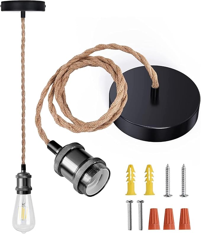 JACKYLED UL Boho Pendant Light Kit, Hemp Rope Light Fixture with Adjustable Hanging Light Cord & E26 E27 Light Socket, Vintage Ceiling Light for DIY Kitchen Island, Bedroom, Farmhouse