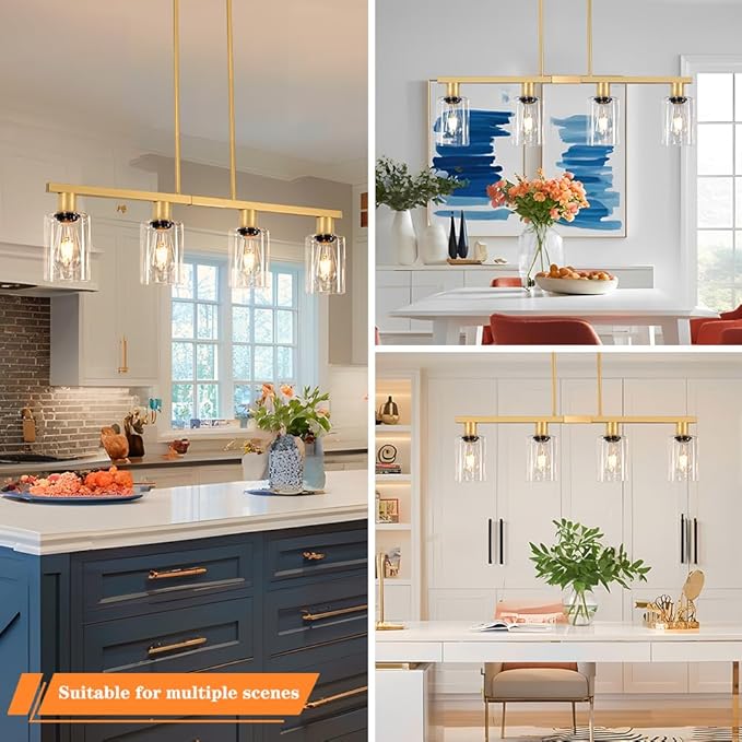 4-Light Kitchen Island Lighting, Gold Dining Room Light Fixtures over Table, Island Lights with Glass Shade, Farmhouse Pendant Lights Kitchen Chandelier for Restaurant Bar, Height Adjustable