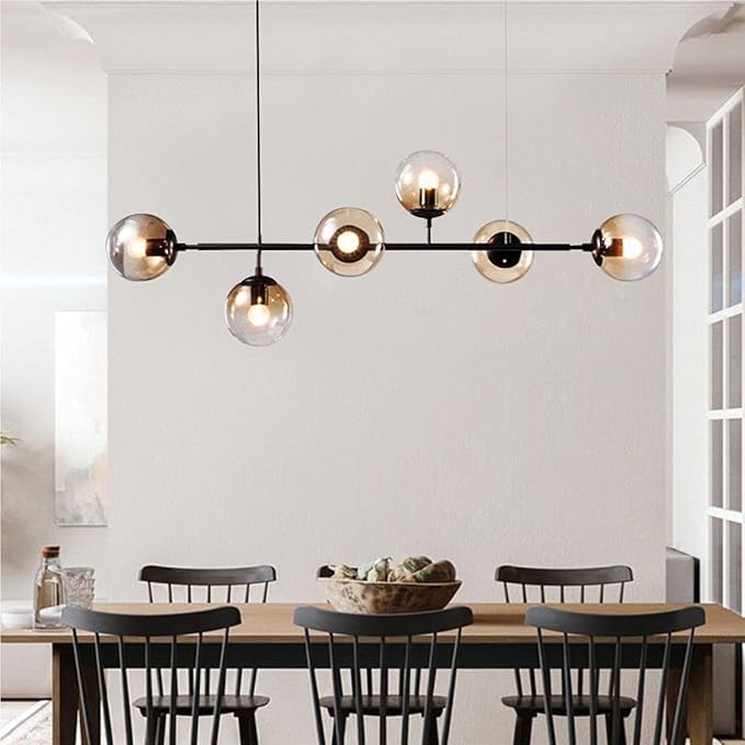 BOKT Modern 6-Light Hanging Light Glass Ball Pendant Light Kitchen Island Linear Pendant Light Dining Room Chandelier for Iving Room Dining Hall