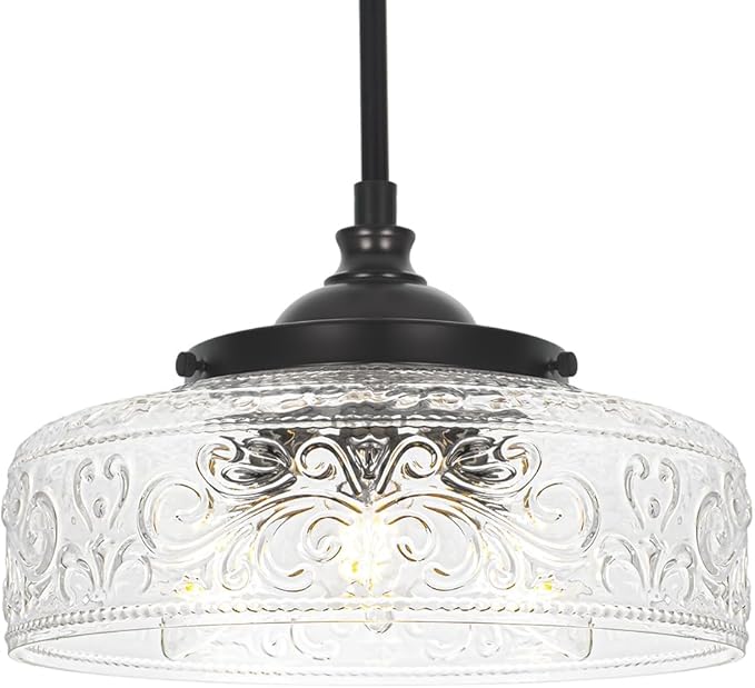 Black 3-Light Pendant Light with 12in Glass Shade, Farmhouse Pendant Lights Kitchen Island, Adjustable Hight & Angle Bathroom Pendant Ceiling Hanging Light Fixtures for Home Bedroom Hallway, 3*E12