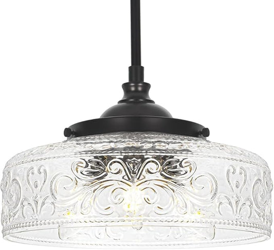 Black 3-Light Pendant Light with 12in Glass Shade, Farmhouse Pendant Lights Kitchen Island, Adjustable Hight & Angle Bathroom Pendant Ceiling Hanging Light Fixtures for Home Bedroom Hallway, 3*E12
