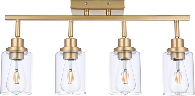 4-Light Gold Track Lighting Kits, Multi-Directional Rotating Kitchen Ceiling Tracking Light Fixture with Clear Glass, Modern Bathroom Ceiling Vanity Track Lights for Kitchen Island Accent Shop