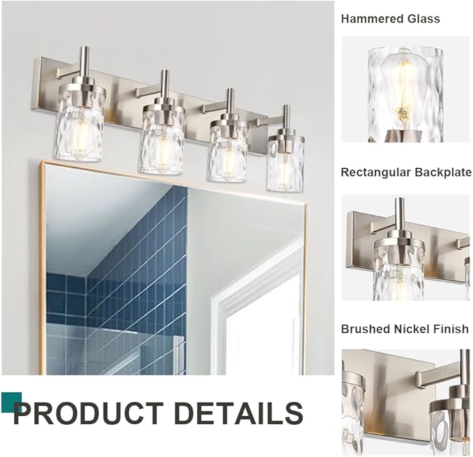 Bathroom Vanity Lighting Fixtures 4 Lights,Brushed Nickel Bathroom Vanity Lights with Clear Hammered Shade Wall Sconce Lighting Modern Farmhouse Bath Lighting