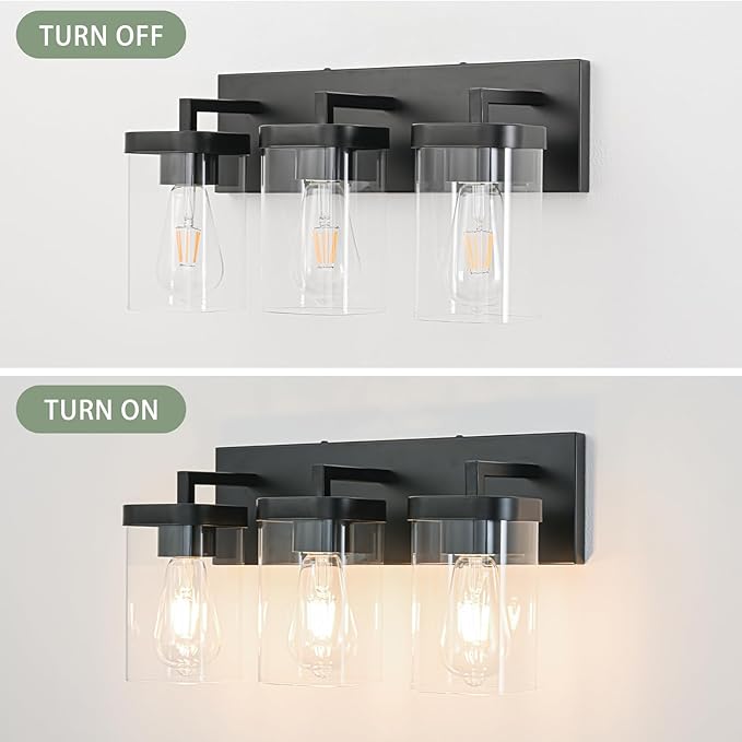 3-Light Bathroom Lighting Fixtures over Mirror, Matte Black Vanity Lights with Square Transparent Glass Shade, Modern Bathroom Vanity Light for Mirror Kitchen, Living Room, Gallery, Hallway