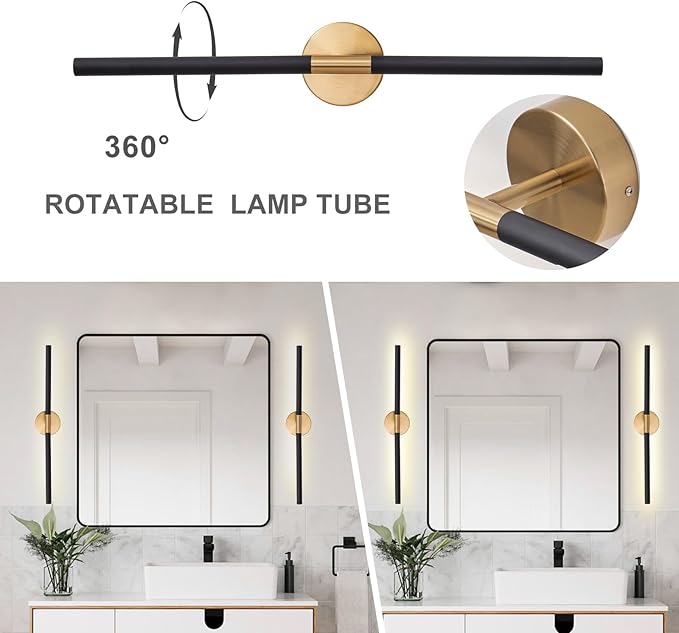 Modern Bathroom Light Fixtures Over Mirror 30 Inch, 20W 360° Rotatable Dimmable 4000K Led Vanity Light Bar, Black and Gold Bathroom Vanity Lights Above Mirror