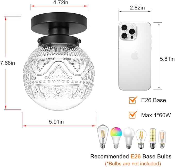 Daunton Semi Flush Mount Ceiling Light Fixtures, Vintage Globe Glass Ceiling Light Fixture, Antique Small Black Hallway Light Fixtures for Bedroom, Closet, Entryway, Bathroom, Kitchen