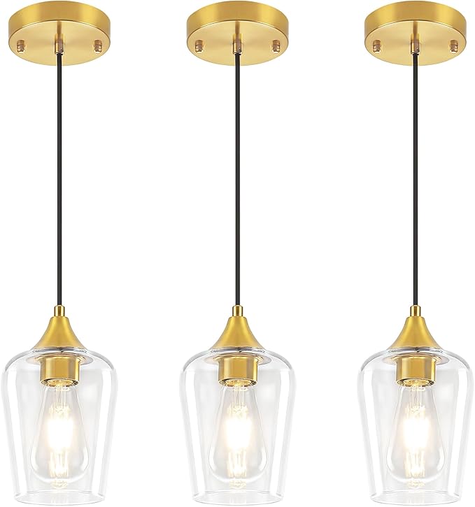 3-Pack Brushed Gold Pendant Lights Kitchen Island, Modern Glass Pendant Lighting Over Island Kitchen Hanging Light Fixtures Hallway Pendant Lights for Bathroom Dining Room Entryway Foyer Bedroom