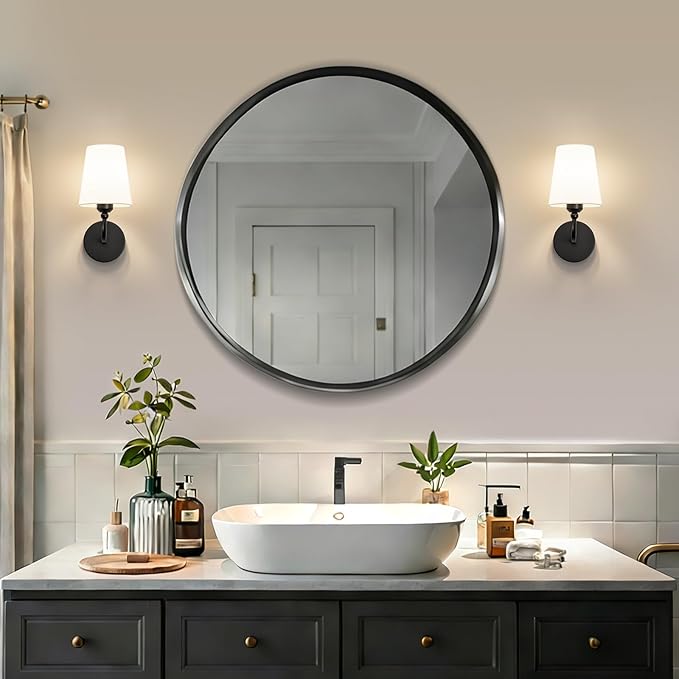 Modern Bathroom Vanity Light, Matte Black Bathroom Light Fixtures, Set of 2 Lighting Fixtures Over Mirror, Modern Wall Sconce with Flared White Fabric Shade, E26 Socket(ETL Listed)