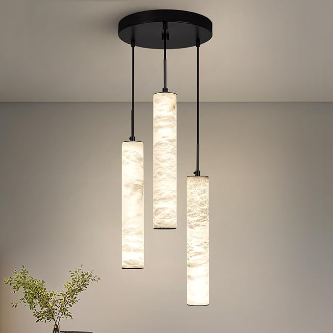 LMQNINE Natural Alabaster Pendant Lights for Kitchen Island White Marble Long Tube Chandelier 4000K Modern Black Ceiling Light Fixtures for Bedroom Dining Room Table Living Room Hallway(M-3Light)