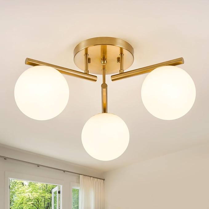 3 Light Brass Sputnik Ceiling Light Fixture, Globe Semi Flush Mount Ceiling Light, Brass Gold 21.65 '' Milky Glass Globe Mid Century Modern Light for Bedroom Hallway Living Room