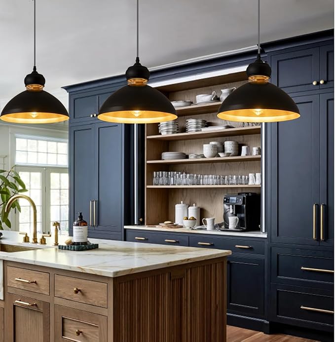 Black Farmhouse Pendant Lights,Matte Pendant Lighting for Kitchen Island Industrial Adjustable Height Vintage Dome Hanging Light Fixtures for Barn, Dining Room (2)