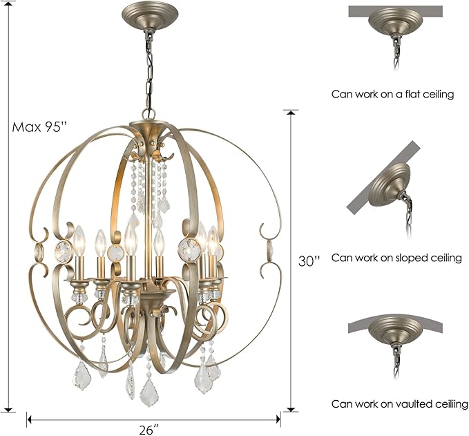 Sphere Crystal Chandeliers for Dining Room Light Fixture, 6-Light 26 Inch Antique Silver Vintage Bronze Chandelier for Kitchen Island, Living Room, Foyer, Staircase, Entry, Villa