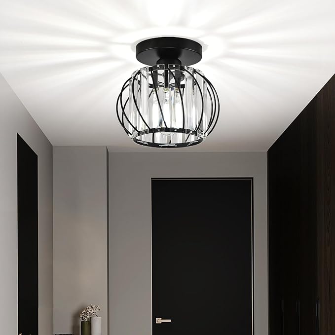 Crystal Ceiling Light, Crystal Semi Flush Mount Ceiling Light Black Crystal Chandelier for Kitchen Hallway Entrance Balcony Dining Rooms Living Rooms Bar Farmhouse