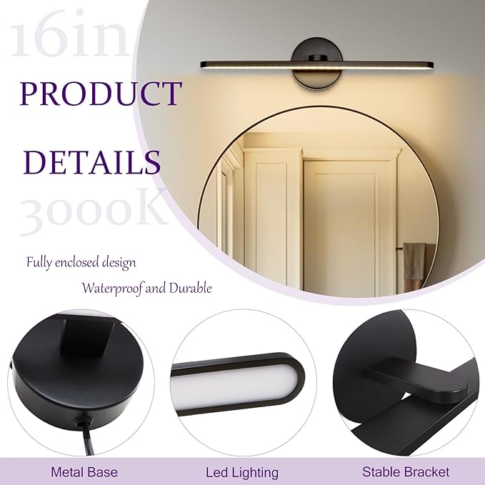 15.75" Plug in Bathroom Light Fixtures Modern Black Vanity Lights Over Mirror, 3000k Warm Light Non-Dimmable 12w Picture Light Led Wall Lights for Bedroom,Art,Poster,Gallery,Paintings