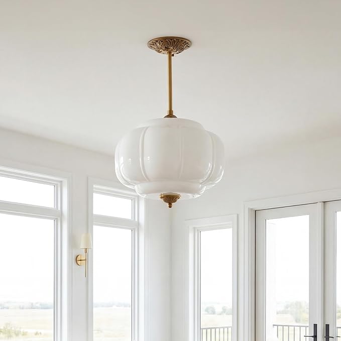 Milk Glass Ceiling Light Fixture - Antique Brass Semi Flush Mount Pendant Light for Kitchen, Hallway, and Bedroom 15 inch (White 15 inch)