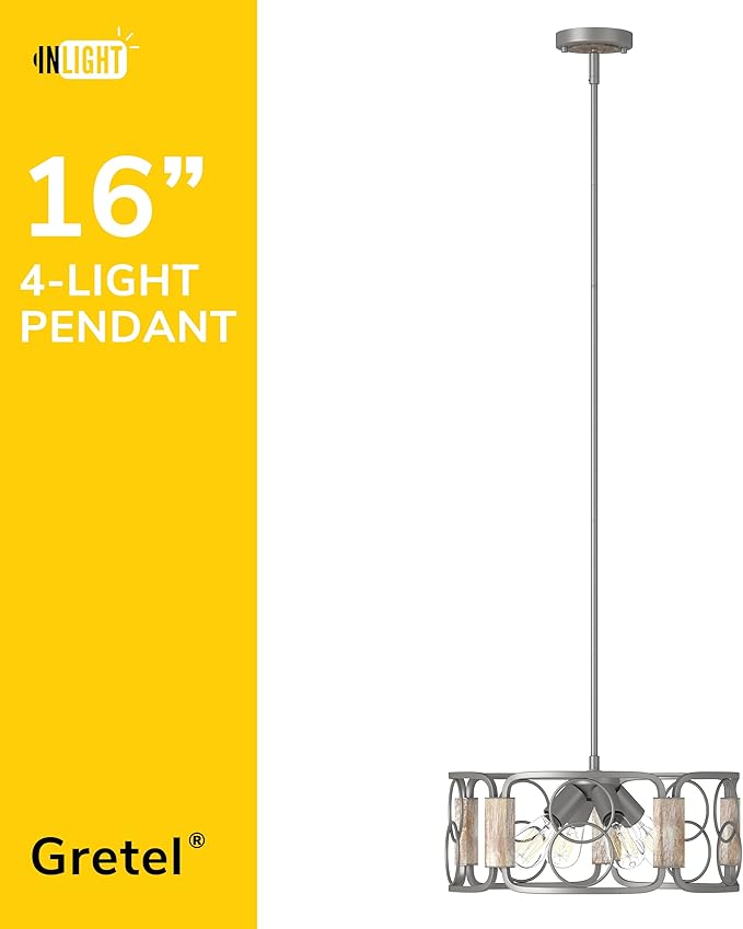 Inlight 16" Modern Farmhouse 4-Light Drum Island Chandelier with Distressed Wood Accents, Brushed Silver Gray Finish, Semi-Flush Convertible Pendant, IN-0336-4-WD
