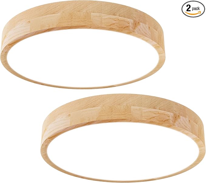 Led Ceiling Light Flush Mount: 12 Inch 24W Wood Bedroom Light Fixture with Round Modern Flat Overhead Minimalist Ceiling Lamps for Kitchen Hallway Laundry Natural White 4500K, Not Dimmable Set of 2