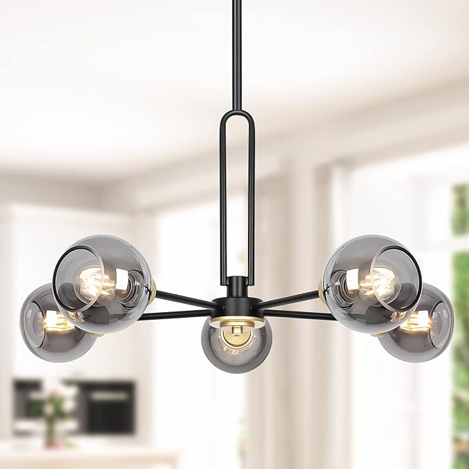 5-Light Globe Chandelier Pendant Lighting - Modern Large Semi-Flush Ceiling Light Fixture with Smoked Glass, Black Dining Room Light Fixture, Sputnik Light Fixture for Kitchen Living Room Bedroom
