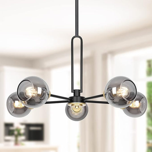 5-Light Globe Chandelier Pendant Lighting - Modern Large Semi-Flush Ceiling Light Fixture with Smoked Glass, Black Dining Room Light Fixture, Sputnik Light Fixture for Kitchen Living Room Bedroom