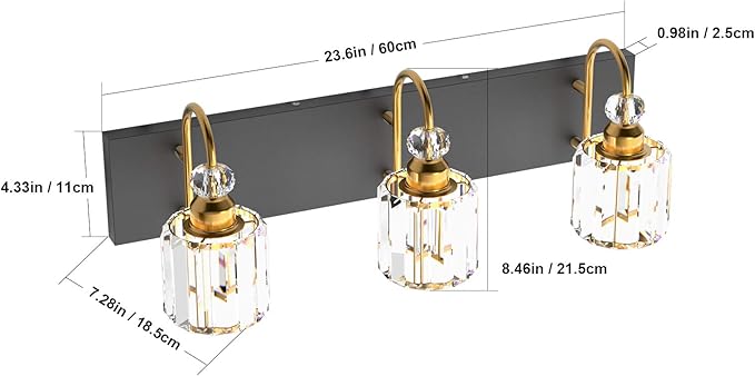 Ralbay Modern Bathroom Vanity Light Fixture, 3-Lights, Black Metal & Crystal, HJ-8600-3T