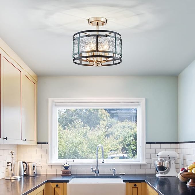 AGV LIGHTING Ceiling Light Fixture, Semi Flush Ceiling Light, 4-Lights, Hazy GlassMatte Black & Shine Gold Finish, D12 x H8 inch