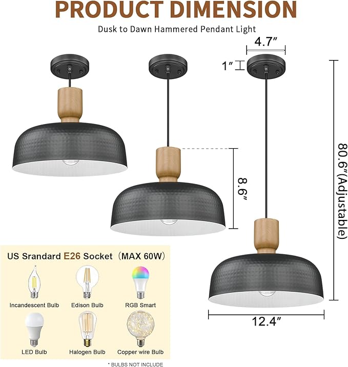 Darkaway Dusk to Dawn Industrial Pendant Light Fixtures Ceiling Hanging with Hammered Metal Shade, Black Pendant Light for Outdoor Porch Lighting Hanging Lamp Adjustable Height