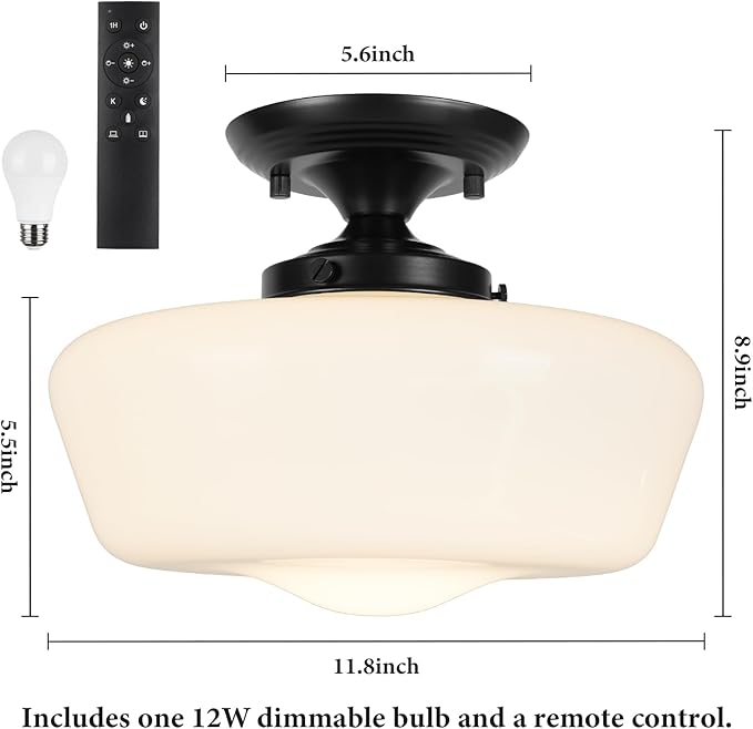Schoolhouse Style Semi Flush Mount Ceiling Light with Dimmable Bulb Remote Control, 12" Modern Gold Hallway Ceiling Lamp with Opal Milk Glass Shade, Farmhouse Globe Light for Bedroom Kitchen Laundry