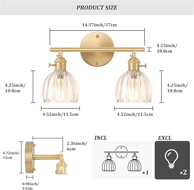 Shenmoyl Bathroom Light Fixtures, 2-Light Brass Vanity wall Light Over Mirror with Clear Tulip Glass Shade for Bedroom Living Room (Bulb Not Included)