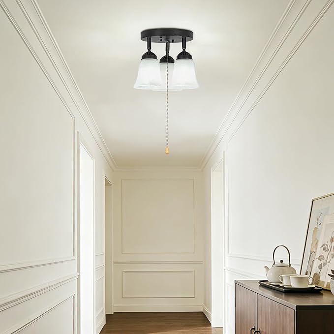 3-Light Flush Mount Ceiling Light with Pull Chain Alabaster Glass Low Profile Lighting Fixtures for Kitchen Living Room Dining Room Closet, Black