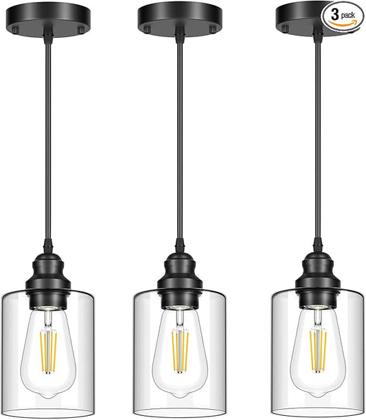 Licperron 3 Pack Hanging Pendant Lighting Fixtures, Adjustable Black Hanging Ceiling Lamp with Clear Glass Shade, Modern Pendant Light for Kitchen Island, Dining Room, Bedroom, Hallway