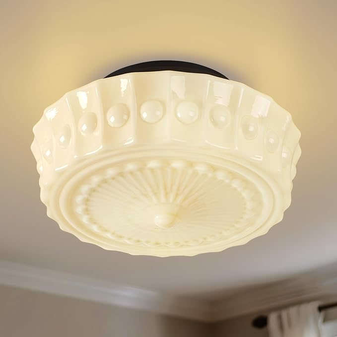 Schoolhouse Cream White Milk Glass Ceiling Light Fixture, 13.8" Vintage Scalloped Semi Flush Mount Lighting, Mid Century Ceiling Light for Bedroom Kitchen Hallway Entryway Living Room