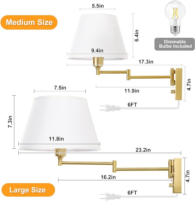 TRLIFE Dimmable Wall Sconce Plug in, Brushed Brass Wall Sconces Set of 2 Swing Arm Wall Lights with Plug in Cord and Dimmer On/Off Knob Switch, 11.8" Large White Fabric Shade(2 LED Bulbs Included)