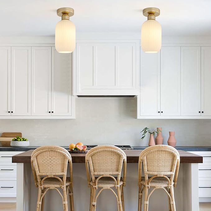 KCO Milk Glass Flush Mount Ceiling Light Mini Ribbed White Glass Mid Century Modern Semi Flush Mount Brass Bathroom Ceiling Light 11.4" x 5.5" x 4.7" Gold & White