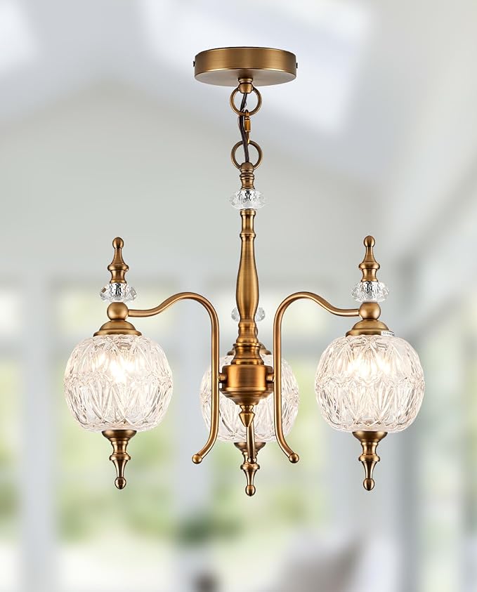 Vintage Pendant Light Fixtures, 3-Light Chandeliers for Kitchen Antique Gold Glass Pendant Lighting Matte Brushed Brass Finish with Crystal Glass Shade for Farmhouse Hotel Kitchen Island