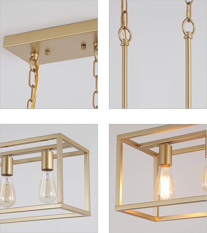 AMZASA Gold Rectangle Kitchen Island Lights Rectangular Modern Industrial Chandelier for Dining Room 5 Lights Linear Vintage Cage Light Fixtures UL Listed