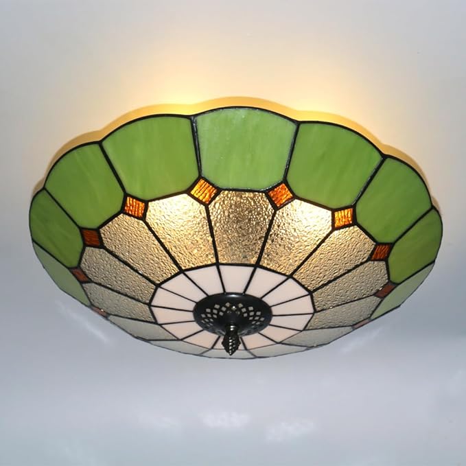 Tiffany Style Ceiling Light 16 Inch 3-Lights Stained Glass Flush Mount Ceiling Light for Bedroom Dining Room Living Room