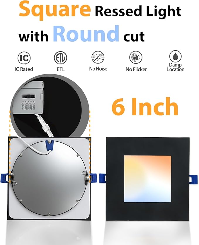 Adetu 12 Pack 6 inch Square Led Recessed Lighting,5CCT Ultra Thin Square Led Ceiling Light with Junction Box,14W 1190LM, CRI90, 2700K-5000K Selectable, Dimmable Canless Downlight, ETL and Energy Star