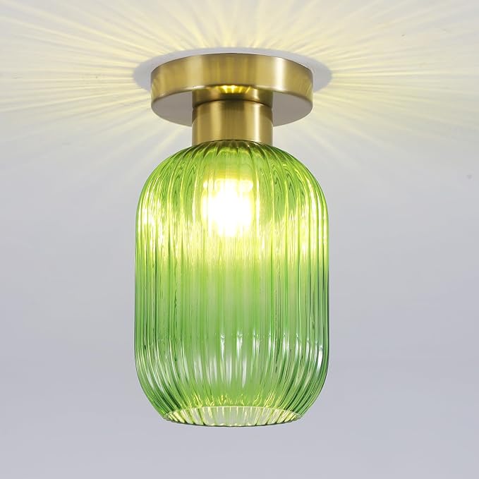 BOKT Globe Glass Ceiling Light Fixture Vintage Semi Flush Mount Ceiling Light Modern Classic Green Open Glass Shade Ceiling Hanging Light Fixtures for Bedroom Living Dining Room