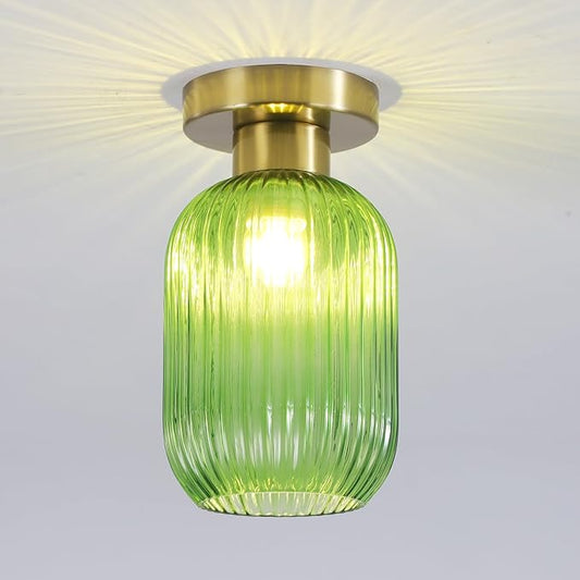 BOKT Globe Glass Ceiling Light Fixture Vintage Semi Flush Mount Ceiling Light Modern Classic Green Open Glass Shade Ceiling Hanging Light Fixtures for Bedroom Living Dining Room