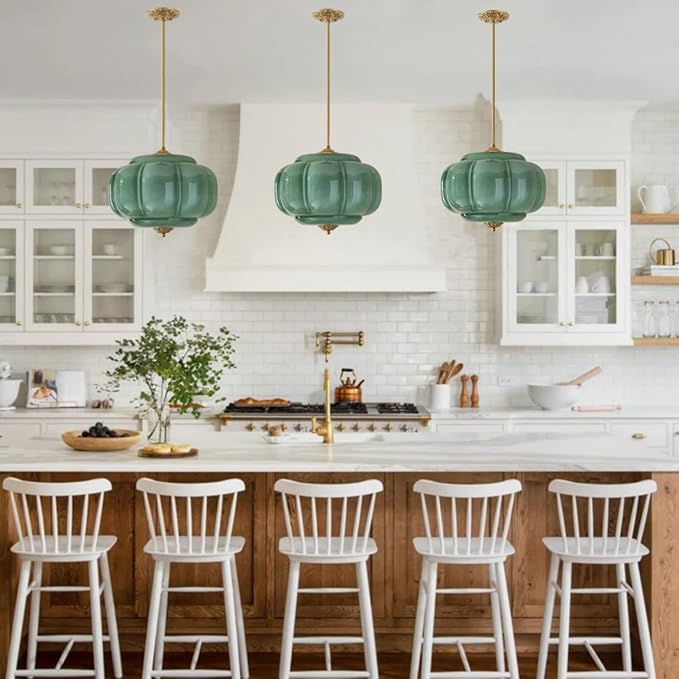 Green Milk Glass Pendant Light Vintage Schoolhouse Light Fixture Easy Change Bulb Chandelier Gold Traditional Semi Flush Mount Ceiling Light for Bedroom Kitchen Dining Room