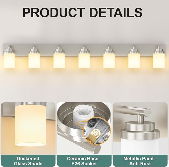 IZORRO Bathroom Vanity Light Fixture, 7-Light 52 inch Brushed Nickel Bathroom Light Fixtures Over Mirror, with White Glass Shade, Modern Farmhouse Vanity Lights, Rustic Restroom Lighting Fixtures