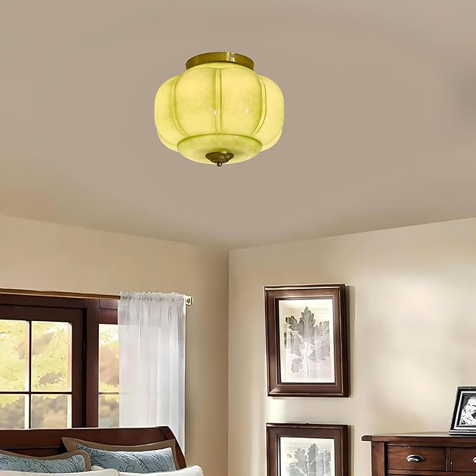 LIGHTLAND Milk Glass Ceiling Light, 15 Inch 3-Light Metal Glass Flush Mount Ceiling Light Fixture for Entryway, Hallway, Living Room, Bedroom (Style C, Green)
