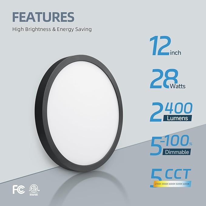 ECOELER 12inch Black LED Flush Mount Ceiling Light, 5CCT Selectable Surface Mount Flat Panel Light, 28W 2400Lm, Dimmable Low Profile Lighting Fixture for Kitchen, Bedroom, Laundry, ETL Listed