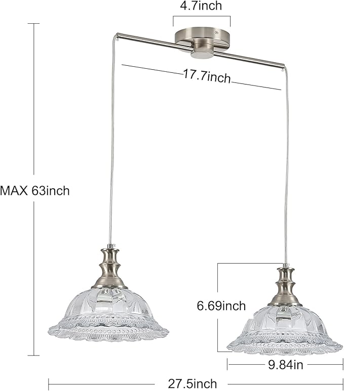 HDDFL 2 Light Pendant Light Fixtures Modern Glass Hanging Lights with Adjustable Cord for Kitchen Island Dining Room Living Room Hallway Brushed Nickel Metal